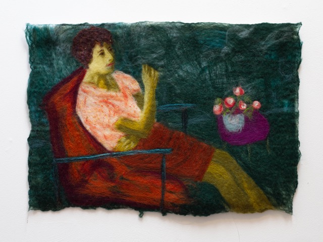 Louise Wright is a contemporary fibre artist, who uses felted wool and silk, organza and stitch, to create intriguing
and mysterious portraits. She hand cards fibres to mix colours which are laid down dry, then wet felted using hot water, soap and agitation to matt the fibres together. Once dry, needle felting can add fine detail.
Louise explores issues of self, cultural heritage and identity. Previous work has confronted her family history in apartheid
South Africa. Here vibrant skin colours reflect the spring flora on the Cornish coast where Louise now lives.  A moment. 
58x42cms 
Wet and needle felted wool fibres. £500