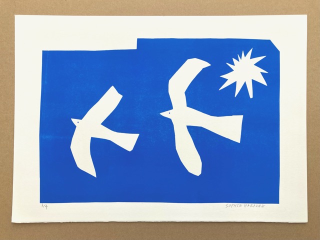 Lot 9 'Birds and Star' after Matisse Sophie Harding - Monoprint on Fabriano Rosapina paper Variable edition of 4 No3	Paper size 50x35cm reserve 	£110 sophie-harding.co.uk