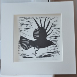 Sue Rogers Cornish Chough Hand printed Limited edition woodcut 23x23cm.JPG