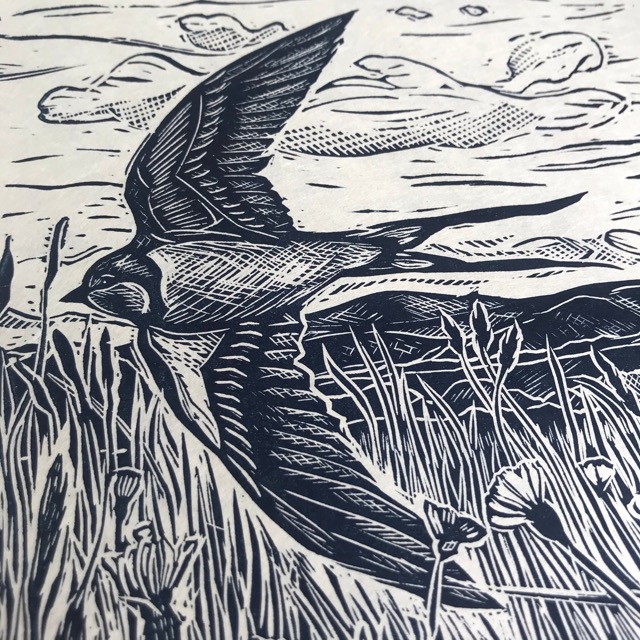 Lot50  Lou Tonkin		'Moor Edge Meadow Swallow'	limited edition lino block print no 83/200 	size:34.5 x 44cm in its frame.	 		reserve £200.  loutonkin.com