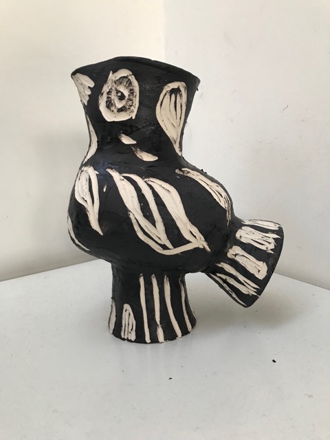 Lot 12 Susie Cousins		'Picasso style Owl' 	ceramic	28cm high	  reserve £50   Susiecousinspottery.co.uk