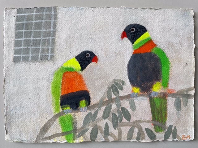 lot 68 Emma Mcclure www.emmamcclure.co.uk - Mitchell’s Lorikeets at Paradise Park / mixed media on paper/ 21x30cm.  framed reserve £200